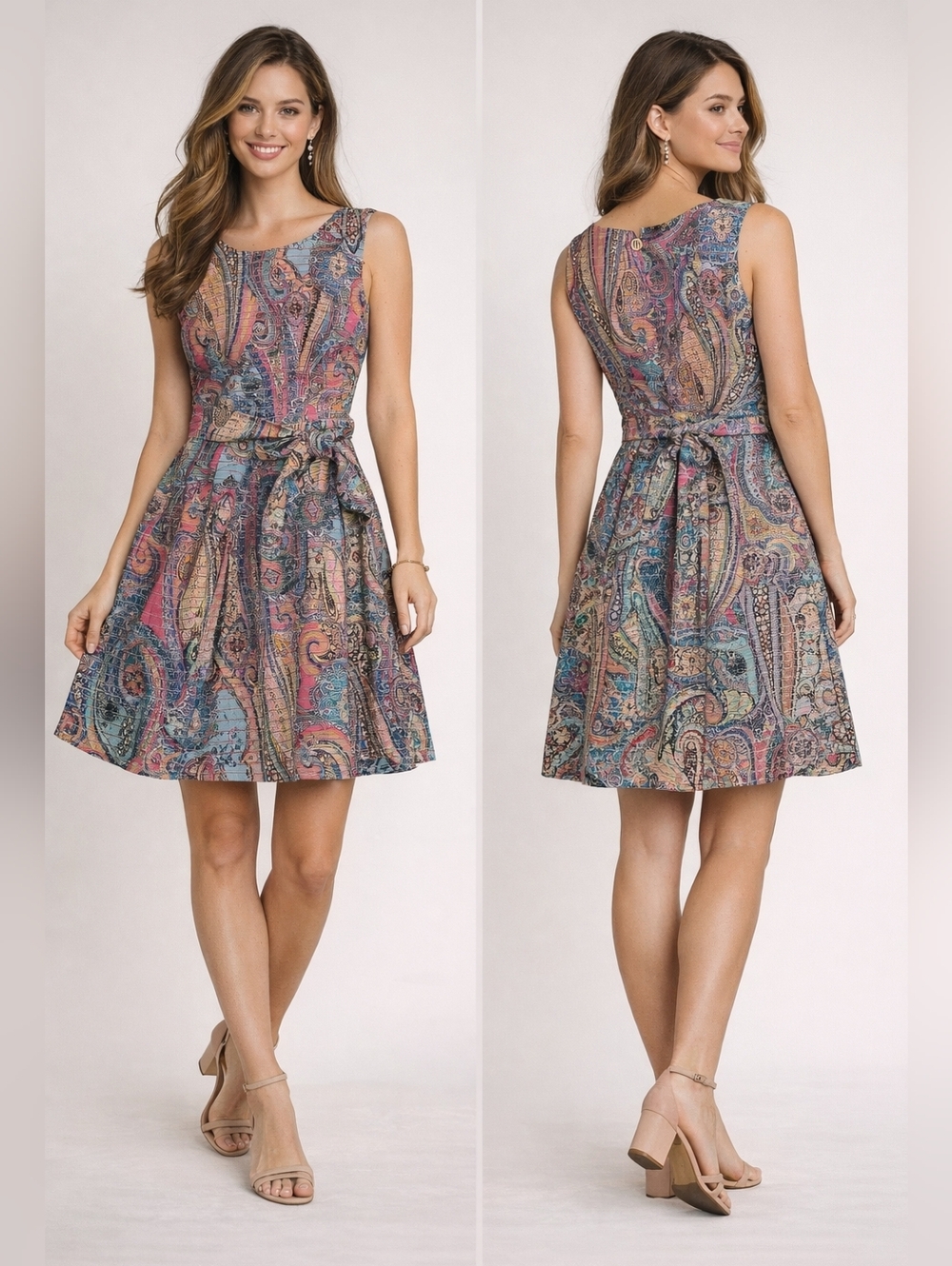 Tommy Hilfiger Paisley Fit & Flare Dress Size 6 Multicolor Belted Sleeveless Lin